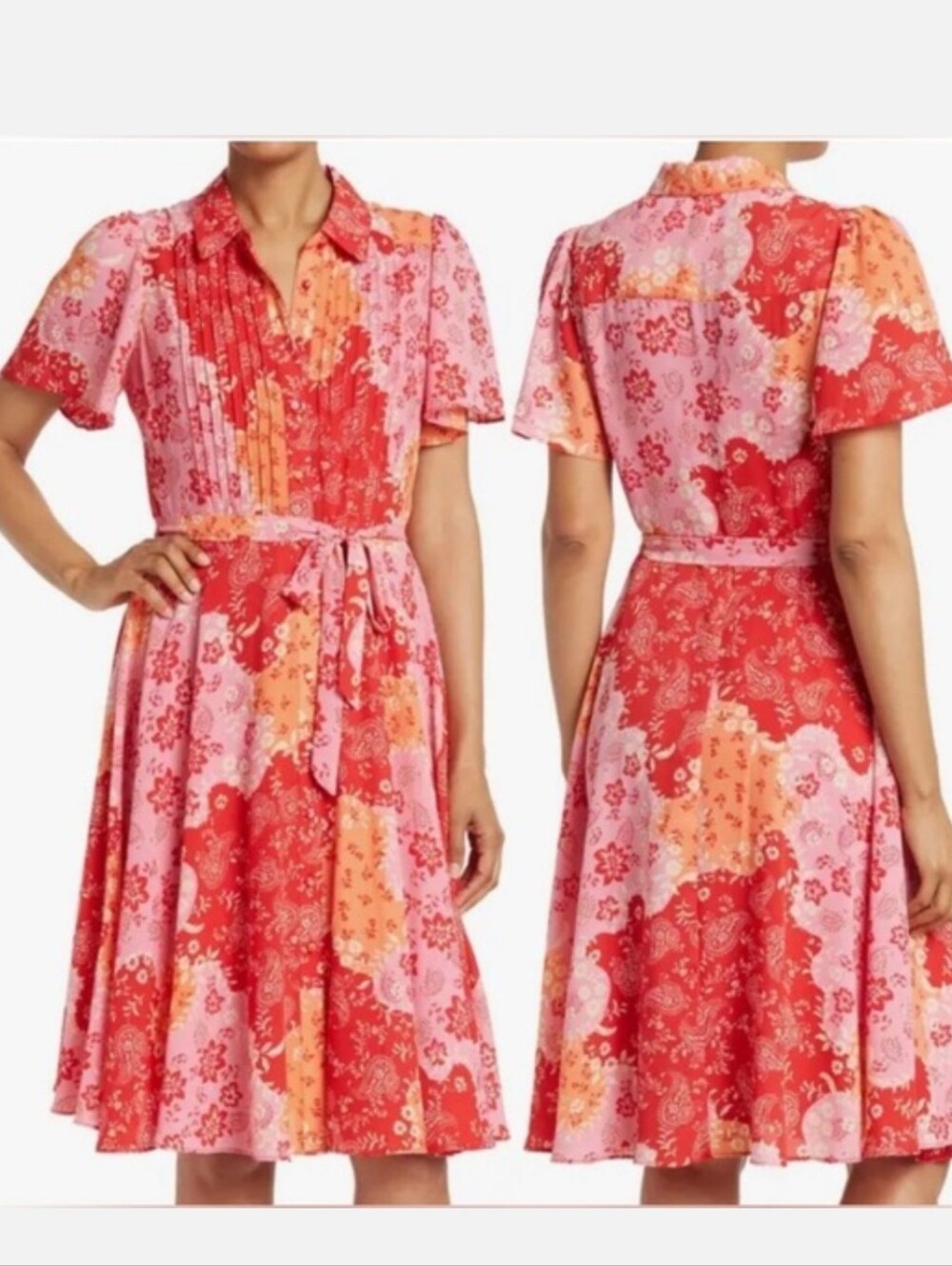Nanette Lepore Womens Red Pink  Coral Patchwork Floral Button Up Shirt Dress 12